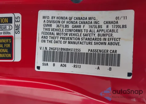 2011 Honda Civic Ex-L from USA, damaged, VIN 2HGFG1B96BH512255